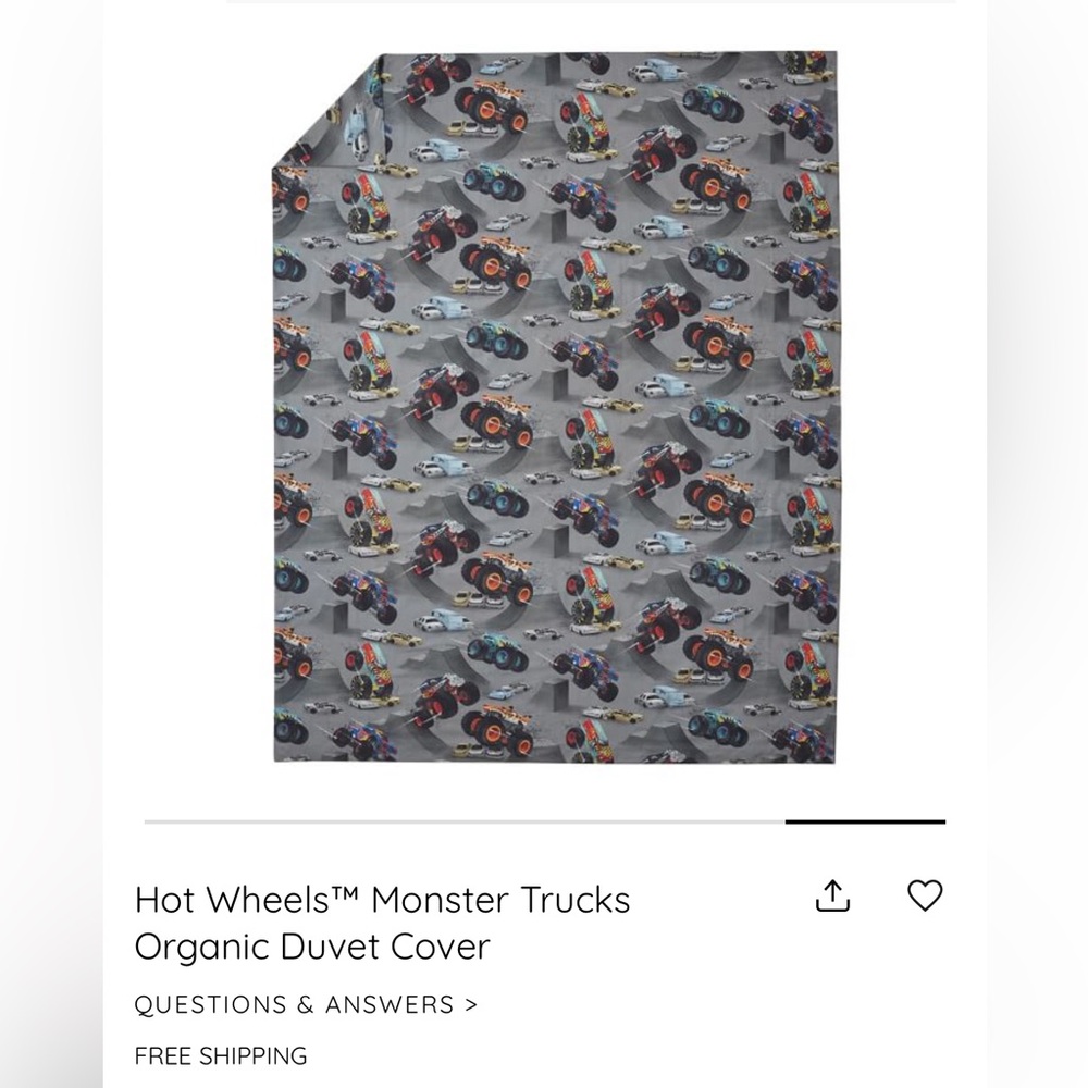 Pottery Barn Kids Hot Wheels Monster Trucks Duvet Cover - 100% organic cotton